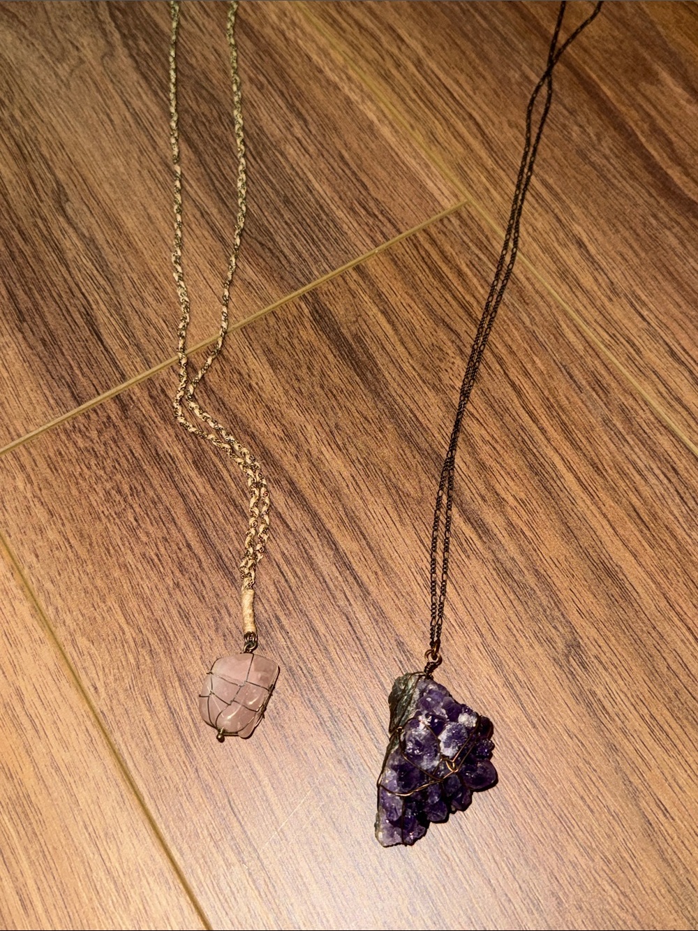 2 crystal Necklaces Amethyst Crystal Pendant Necklace + Rose Quartz